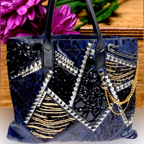 Marc Jacobs Authentic Large Blue/Black Python Embossed Leather Embellished Tote - Picture 14 of 15